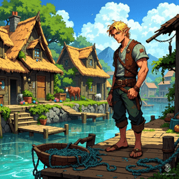 A weathered fisherman stands on a creaking dock, his rugged clothes tattered by years at sea. With strong hands, he mends nets and lines, embodying the spirit of the ocean. Beneath his sun-kissed skin lies a deep connection to mystical waters, whispering secrets of ancient tides.