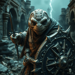 Snaps is an 18-year-old male tortle sorcerer with a medium build, standing at 5'10" and weighing 400 pounds. This green-skinned, black-eyed pirate wields storms and lightning, showcasing a dagger and a protective shield. With a charming, intelligent aura, he values freedom and never backs down from danger.