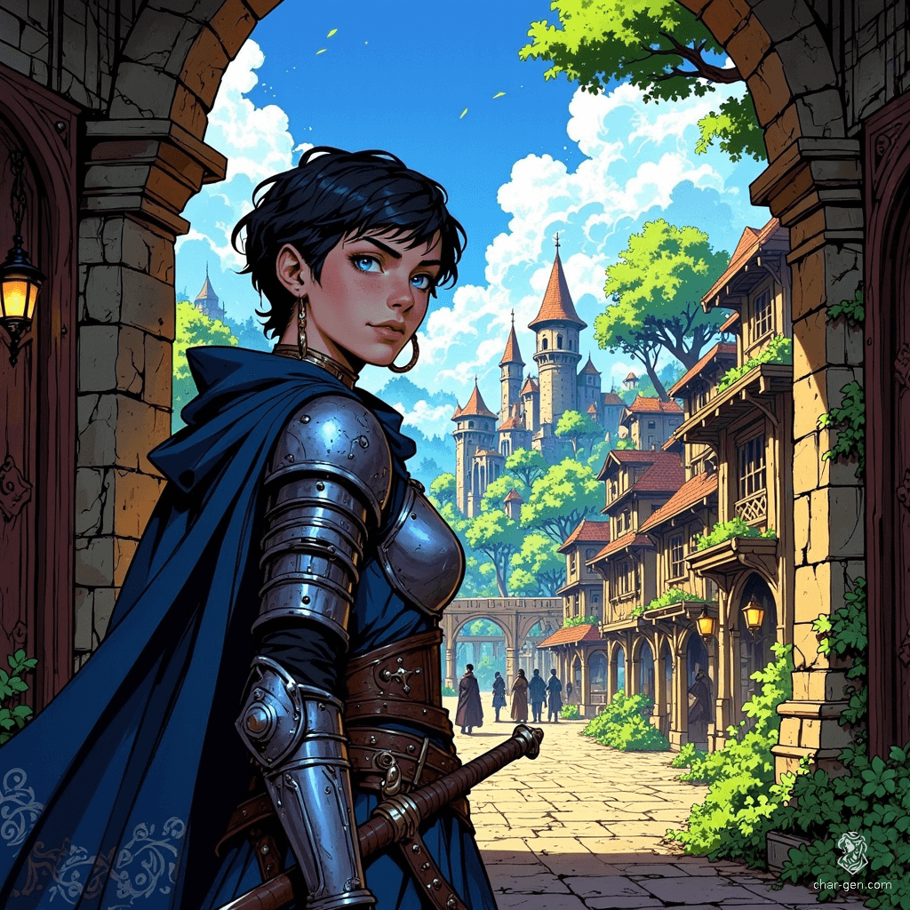 Aric, a steadfast guardian clad in gleaming chainmail, stands watch at the city gates. His piercing gaze scans the horizon for lurking threats, while the creak of his armor echoes a vow to protect. Unyielding and vigilant, he embodies the strength and honor of the realm.