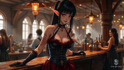 A tall, slender half-elf with jet-black hair in a sleek braid, piercing green eyes, and an alluring presence captivates bar patrons. Wearing a dark leather corset and flowing burgundy gown, she skillfully serves drinks, her faintly glowing magical glyphs hinting at arcane secrets beneath her inviting smile.