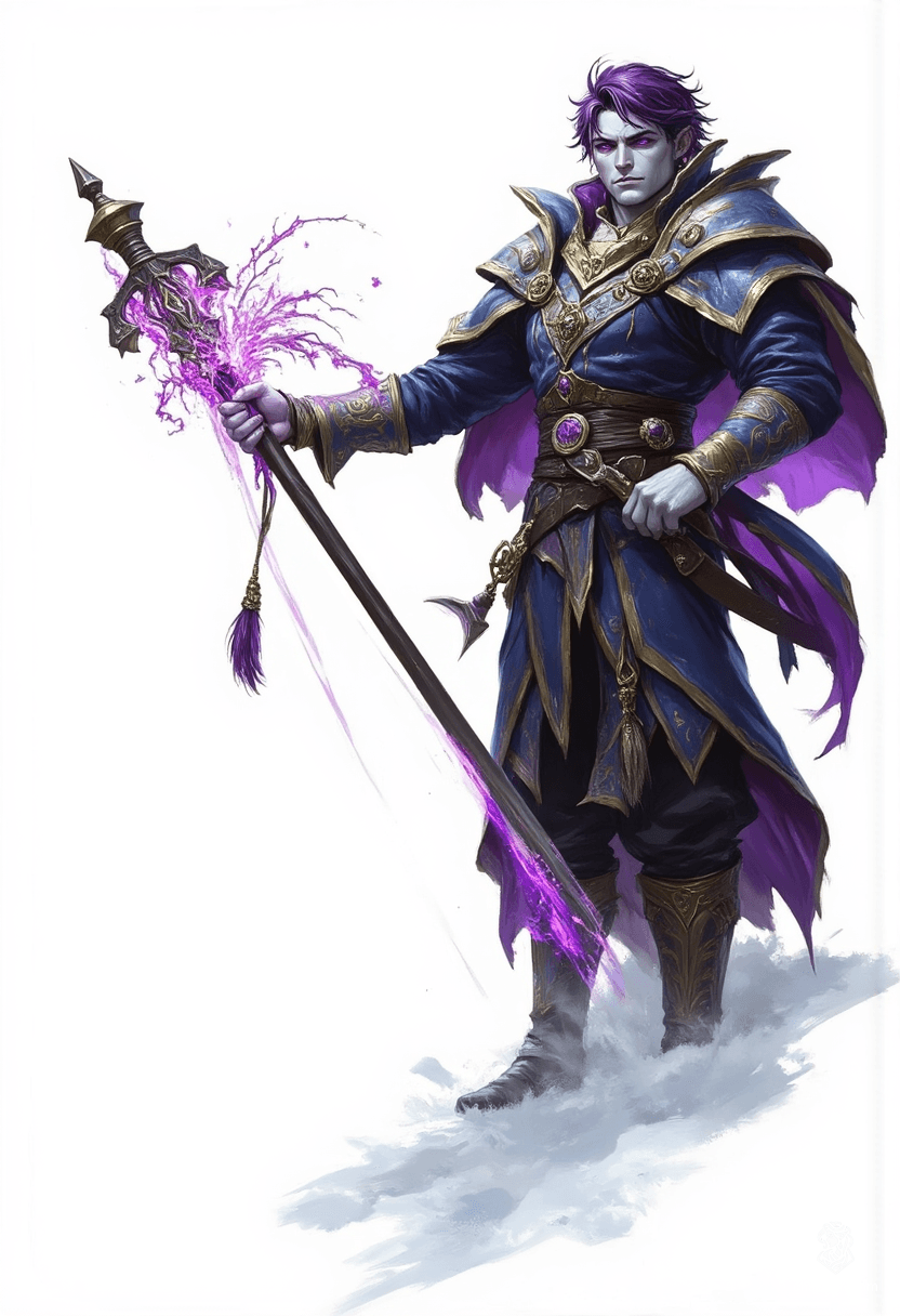 In a luminous, painterly world, a striking male figure stands amidst an icy field, draped in a dark blue robe. His glowing violet eyes and short, dark purple hair catch the wind, while ethereal magic swirls from his beautifully detailed hands, embodying both elegance and mystique.