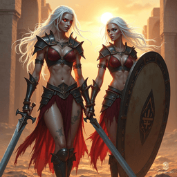 In a fiery gladiator arena, two fierce Drow sisters stand ready for battle. The tall warrior, with flowing white hair and piercing red eyes, wields dual swords, exuding grace and strength. Next to her, the stockier sister, gripping a battered shield adorned with runes, showcases her battle scars and unwavering determination.