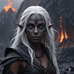 A serene and fluid dark elf monk, with striking tan-grey skin and contrasting bright white, long hair. Her calm expression and toned physique are complemented by deep purple eyes. A poised and disciplined female warrior.
