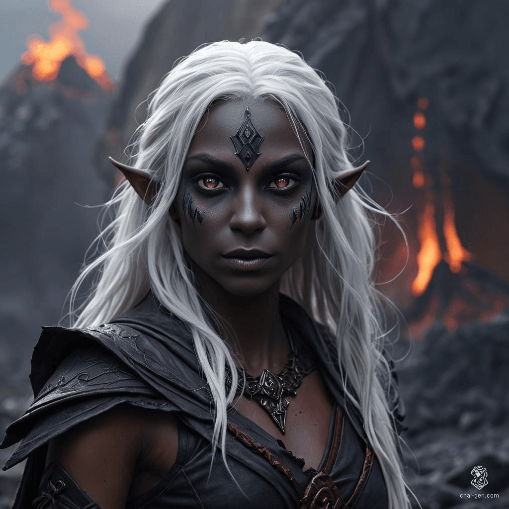 A serene and fluid dark elf monk, with striking tan-grey skin and contrasting bright white, long hair. Her calm expression and toned physique are complemented by deep purple eyes. A poised and disciplined female warrior.