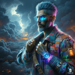 A tan-skinned male artificer, with long greying hair accented by blue strokes, wears a stylish jacket adorned with chaotic floral patches. His intellectual gaze behind light blue oval glasses hints at wisdom. As a magical courier, he weaves through realms with intricate gadgets, a tome, and a satchel of enchanted messages.