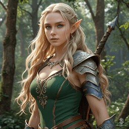 This Fantasy Elf Fighter stands confidently, showcasing an array of weapons. Their fair skin contrasts sharply with long, wavy blonde hair and piercing blue eyes, forming an arresting and formidable presence on the battlefield.