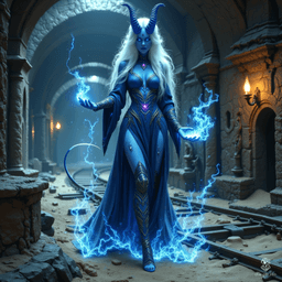 A curvy, cheerful female tiefling warlock, adorned with arcane sigils, radiates an enchanting aura of magic. Her striking blue skin and bright white hair frame her devil-like horns. A long tail sways playfully behind her, completing her mystical, captivating appearance.