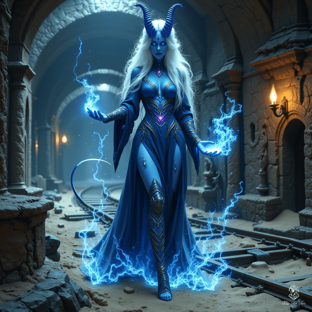 A curvy, cheerful female tiefling warlock, adorned with arcane sigils, radiates an enchanting aura of magic. Her striking blue skin and bright white hair frame her devil-like horns. A long tail sways playfully behind her, completing her mystical, captivating appearance.