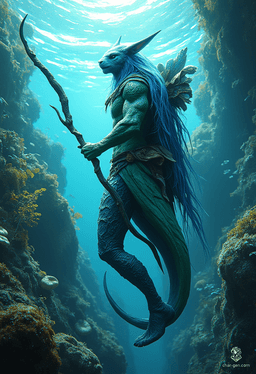 A skilled ranger with a unique blend of aquatic and terrestrial traits, this triton boasts a striking green skin texture and blue, elf-like upper half. Armed with a bow or spear, they navigate forests and mountains, expertly tracking prey with their keen eyes and amphibious agility.