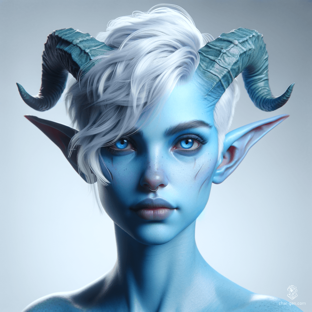 This striking Tiefling female boasts light blue skin and a unique hairstyle, with shaved sides and short, flowing white hair. Her majestic horns curve elegantly from her forehead, embodying a blend of beauty and strength in this hyperrealistic 4K digital art depiction.