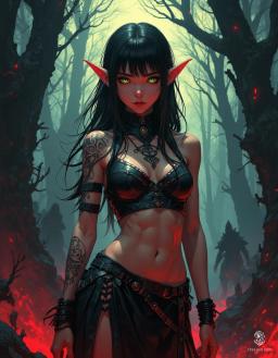 A petite and athletic draconian sorceress, she exudes power with her fair skin and captivating green eyes. Adorned in a provocative black leather bodice and flowing skirts, arcane sigils tattoo her arms. Her long black hair frames her enigmatic face, as she commands magic with an enchanting aura.