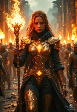 Amelia, a young human cleric, exudes serene determination. Clad in gleaming copper armor etched with glowing runes and divine symbols, she wields a radiant magical mace. Her flowing light orange hair and elegant silhouette embody both strength and devotion in a mystical, heroic fantasy world.