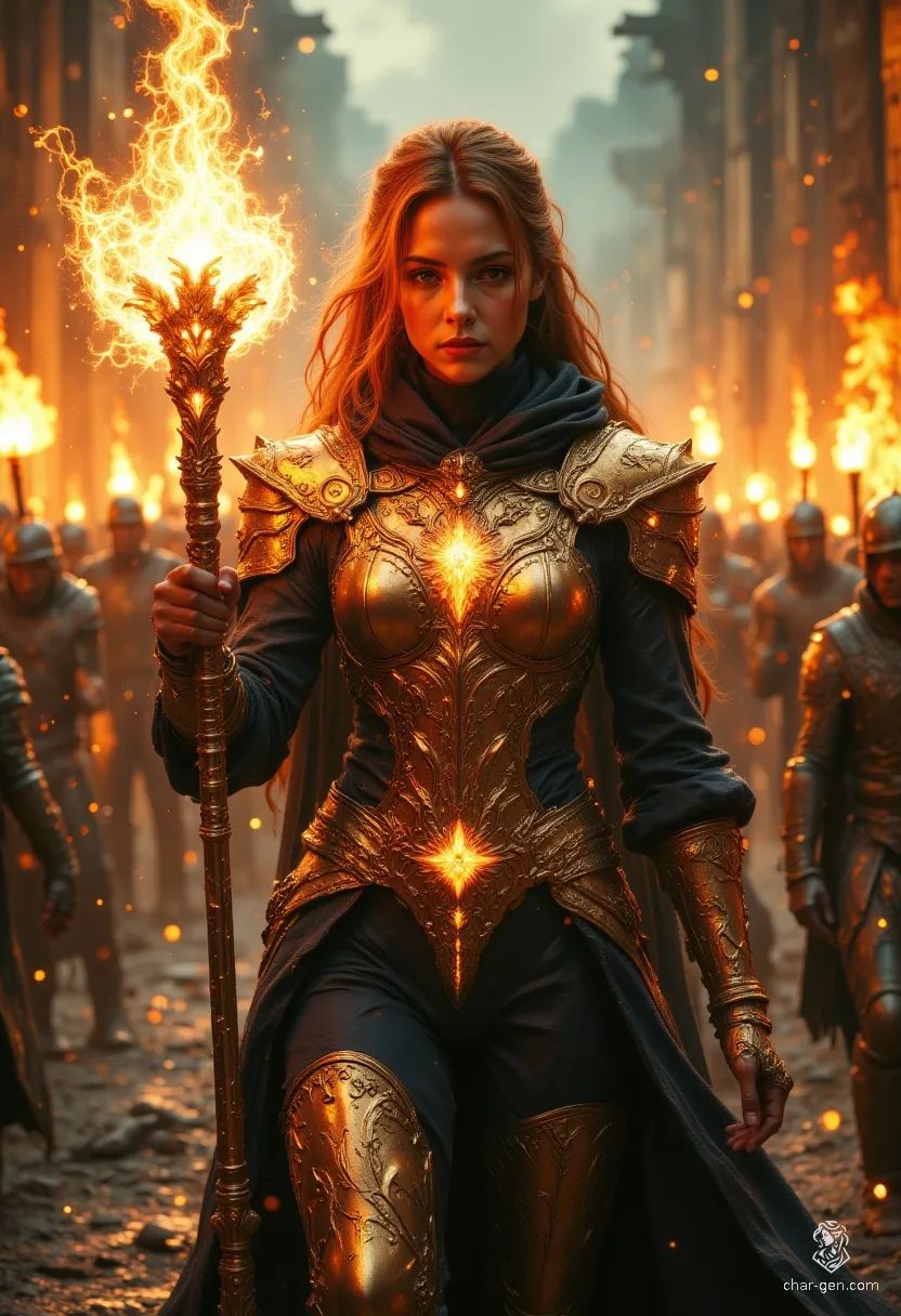 Amelia, a young human cleric, exudes serene determination. Clad in gleaming copper armor etched with glowing runes and divine symbols, she wields a radiant magical mace. Her flowing light orange hair and elegant silhouette embody both strength and devotion in a mystical, heroic fantasy world.