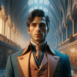 A fair-skinned male spy with greying, perfectly coifed black hair and brown eyes blends into crowds in modest cobalt and peach servant attire. He carries secret messages, expertly eavesdropping and going unnoticed in his role.