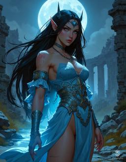 In the moonlit forest, an enchanting elven sorceress emerges. With pale blue eyes and jet-black hair cascading like silk, she exudes beauty and power. Clad in a fitted pale blue dress, her delicate features and glowing magic captivate as she hunts with graceful movements, embodying ethereal elegance.