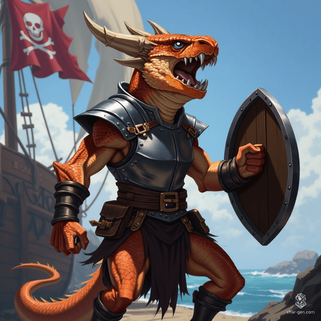 Luna, a muscular half-kobold, half-goloma fighter, exudes confidence with glossy copper-black scales and eight spider-like eyes. Clad in a steel breastplate and raising a shield defensively, he snarls fiercely, revealing dragon-like fangs. A dynamic presence, he balances strength and agility, embodying the spirit of a hardened outlaw.