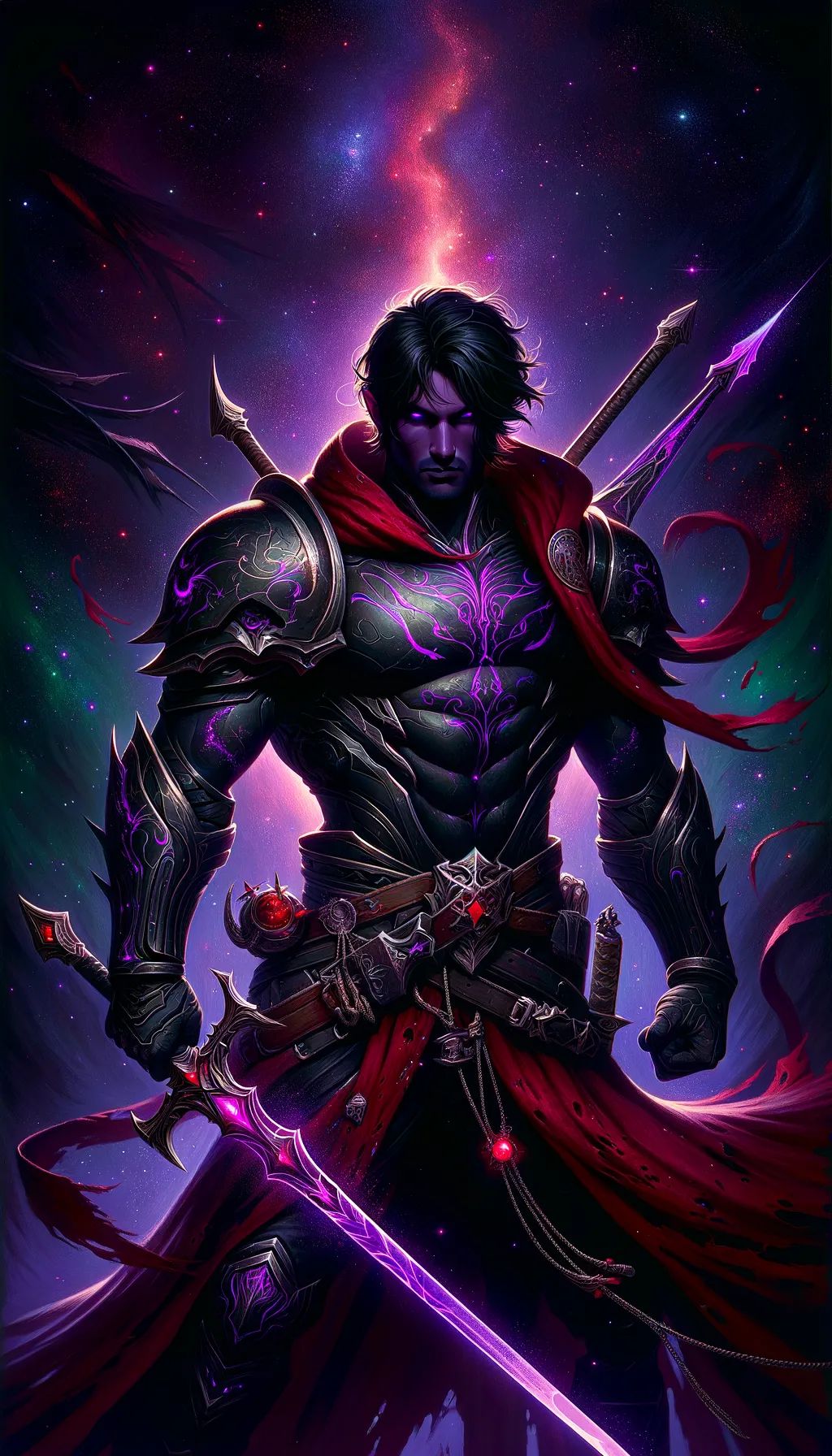 A lean, muscular Executioner Slayer clad in black leather armor etched with glowing purple runes and a tattered, blood-stained red cloak. With pale skin, jet-black hair, and glowing demonic eyes, they wield a radiant bastard sword and curved sickle, emanating a subtle crimson aura amid a neon-lit, dystopian abyss.