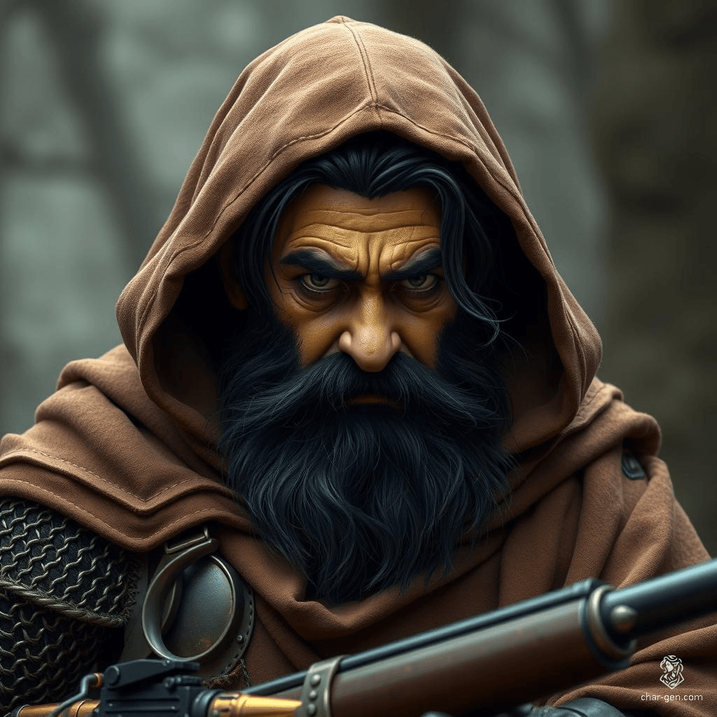 A rugged male dwarf stands resolute, his medium black hair and thick beard framing a face of intensity. Clad in chainmail armor beneath a weathered brown cloak and hood, he wields a formidable rifle, ready to protect his kin or embark on daring adventures in his shadowy realm.