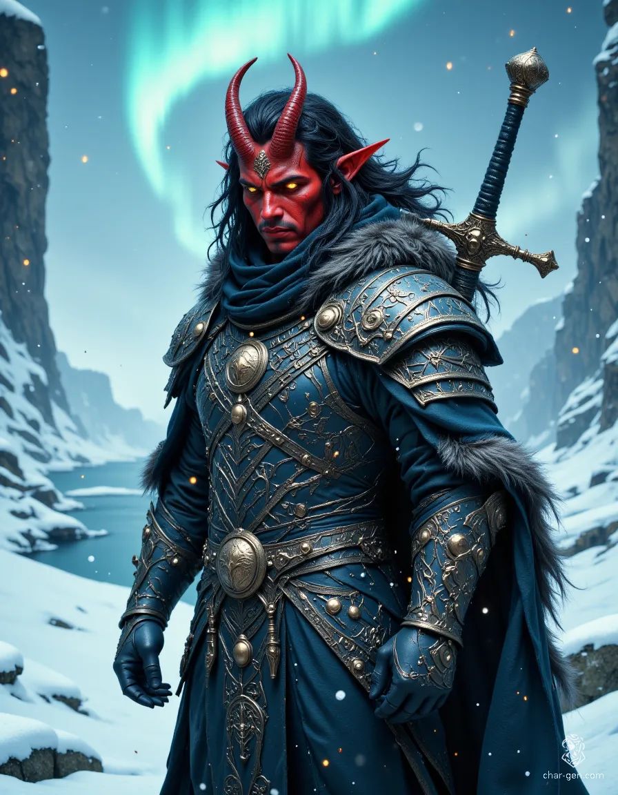 Sir Korvik de Valence is a striking young adult tiefling fighter, standing 6 feet tall with dark red skin, golden yellow eyes, and proud, curved horns. Clad in intricately detailed knightly plate armor inscribed with eldritch symbols, he wields a rapier with unwavering confidence, showcasing his strength, intelligence, and fiendish lineage amidst a swirling snowstorm.