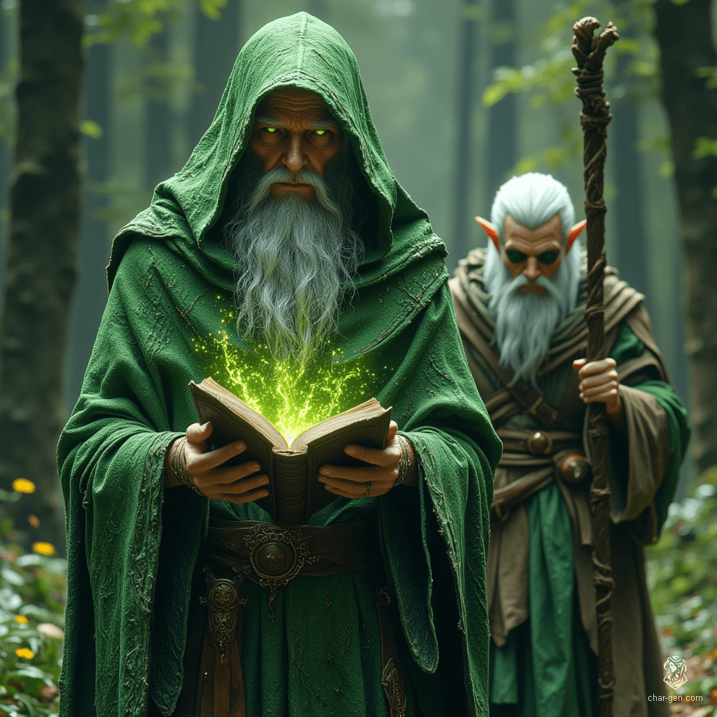 A mysterious green-robed wizard clutches a peculiar closed book, its magic pulsing faintly. Behind him, a sharp-eyed white-haired elf ranger, clad in leather armor, strides confidently, his eye patch hinting at a storied past filled with peril and adventure. Together, they navigate the realms of enchantment and danger.