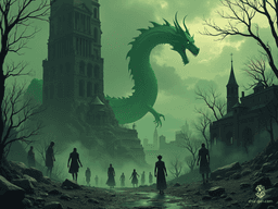 A hauntingly beautiful landscape, once a thriving village, now echoes with the eerie presence of ash zombies. Scorched trees and crumbling buildings encircle the dominating ruins of a tower, home to a fearsome green dragon.