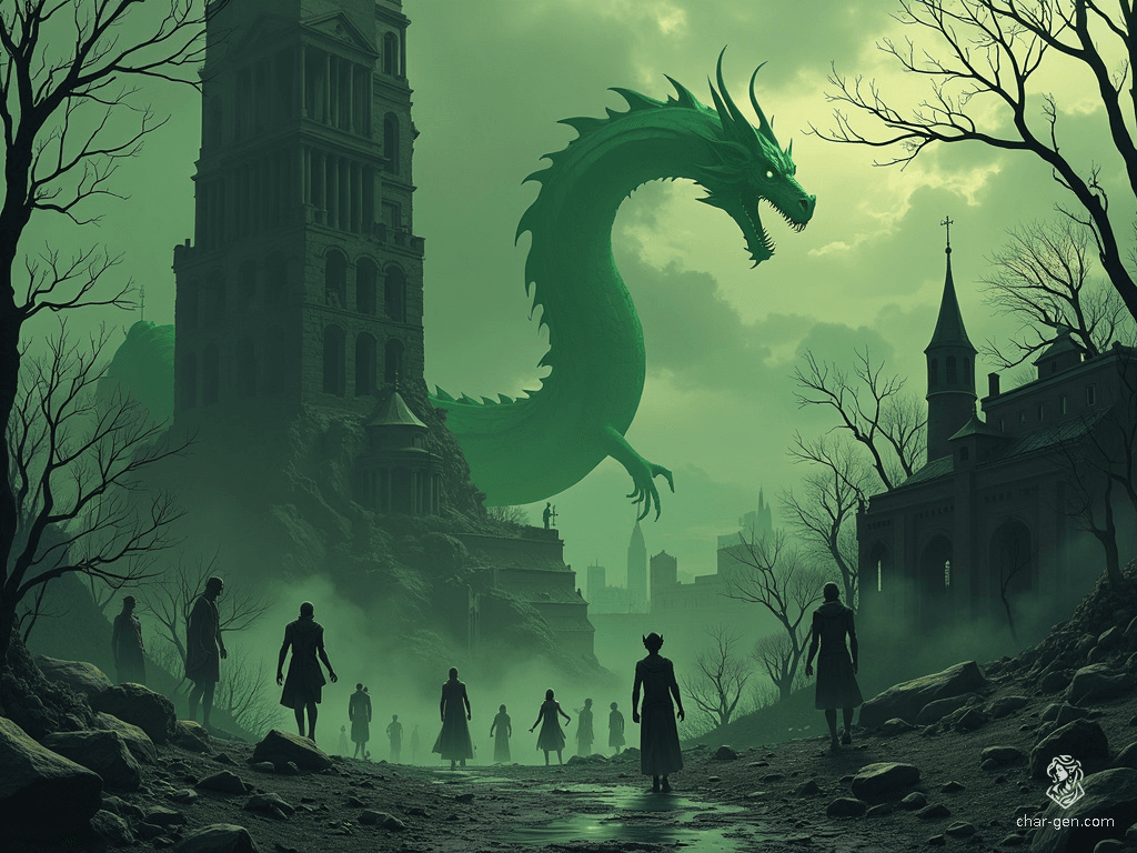 A hauntingly beautiful landscape, once a thriving village, now echoes with the eerie presence of ash zombies. Scorched trees and crumbling buildings encircle the dominating ruins of a tower, home to a fearsome green dragon.