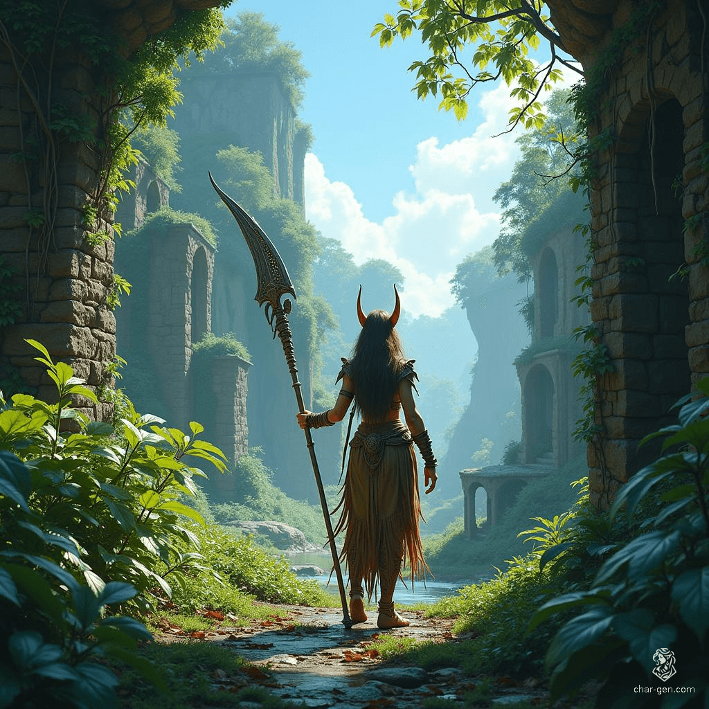 The Spiritborn druid, a nimble wood elf of medium build, wields a glaive with unwavering strength. Adorned in intricately detailed hides, they summon the earth's power alongside loyal animal companions, embodying harmony and wisdom in their lush, natural realm.