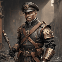 A gritty steampunk guard patrolled the shadowy slums, clad in worn leather armor and simple attire. Brandishing a sturdy baton, he stood vigilant against corruption, embodying resilience amidst the steam-hissed chaos of a city struggling to breathe.