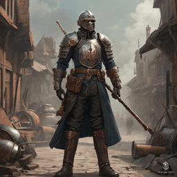 A gritty steampunk guard, clad in basic leather armor and simple attire, stands vigilant in a desolate slum. Wielding a sturdy baton, their presence embodies both authority and resilience, ready to maintain order amidst the chaos of the industrial underbelly.