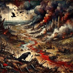The Varshava Front is a grim battlefield scarred by war. Bodies lie among shattered armor and looted treasures, while crows feast on the remains. A red-tinged river flows eerily, its surface disrupted by the corpses of the fallen. Smoke churns from a distant village, and lurking ominously, whispers of secrets and traps haunt the remnants of a shattered realm.