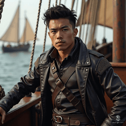 A young Asian warrior, clad in rugged leather armor, steps confidently from a weathered medieval ship. His keen eyes scan the horizon, ready to embrace new adventures. With a blade at his side and determination in his heart, he seeks glory and treasures beyond the seas.