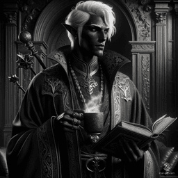 A very dark-skinned male half-drow with bright white hair, intricately curled, sits elegantly in arcane sigil-embroidered robes, sipping hot chocolate. This wizard, clutching an enchanted tome or staff, embodies a striking contrast between his dark skin and luminescent hair.