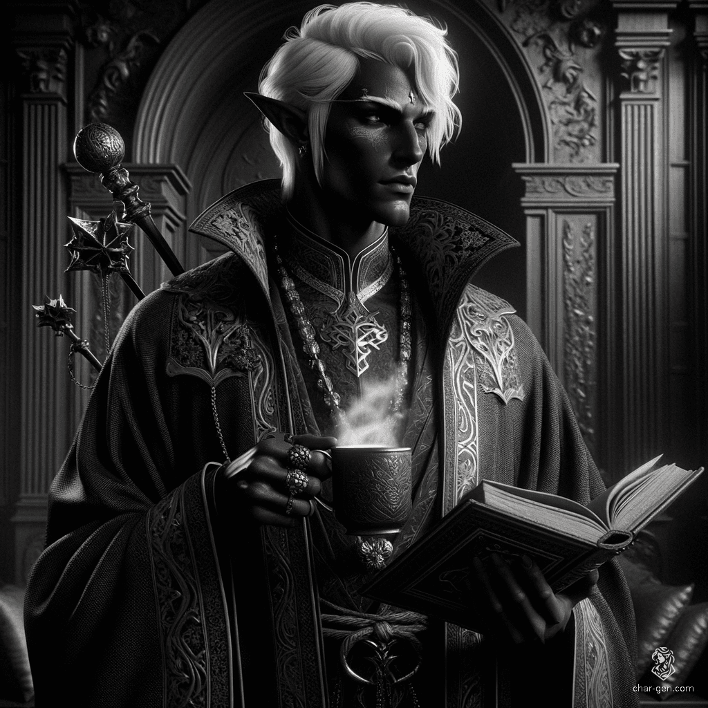 A very dark-skinned male half-drow with bright white hair, intricately curled, sits elegantly in arcane sigil-embroidered robes, sipping hot chocolate. This wizard, clutching an enchanted tome or staff, embodies a striking contrast between his dark skin and luminescent hair.