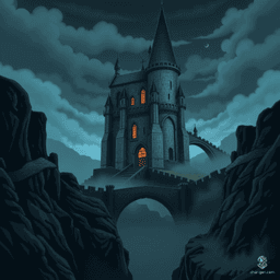 A towering gothic castle looms over a mist-shrouded valley, its dark stone walls weathered and cracked. Tall spires pierce the stormy sky as flickering lights cast eerie glows from arched windows. The air is thick with foreboding, hinting at ancient, malevolent power within.