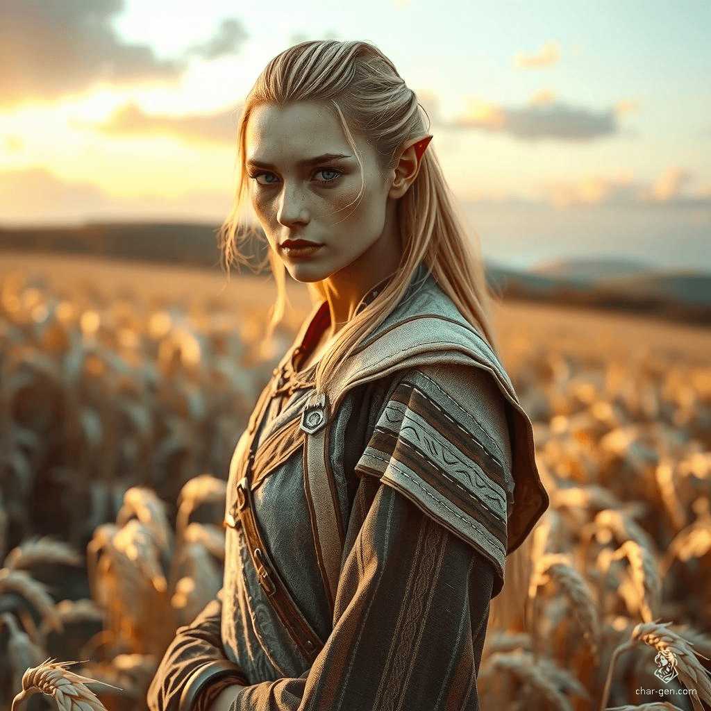 A high-resolution, hyperrealistic scene captures an ethereal elven female standing amidst a golden wheat field. Her tattered robes flutter in the gentle breeze, contrasting her tranquil grace with the wild beauty of the expansive, sun-drenched landscape teeming with detail.