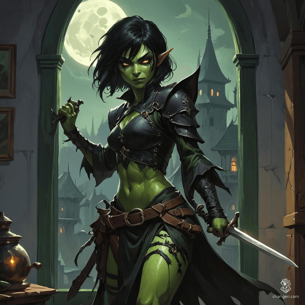 Silently lethal, the demure goblin assassin moves like a whisper, her green skin glistening in moonlight. Clad in form-fitting leather armor, she wields a poisoned short sword, embodying the perfect blend of grace and deadly intent as she prepares to strike.