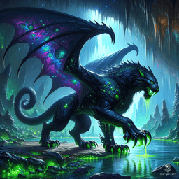 In an epic fantasy setting, a displacer beast skulks along the dark edge of a vast Underdark lake. Its dragon-like appearance is marked by black scales and imposing wings tipped in green. Acid drips ominously from its claws, while its panther-like head boasts a lizard snout. A murky mist rolls in from the lake, shrouding the scene in eerie obscurity. The untouched black water reflects the shadowy cavern ceiling adorned with stalactites.