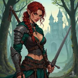 El-Laenora "Laea" Swiftshadow is a captivating wood elf rogue, standing 5'6" with athletic grace. Clad in intricately detailed leather armor that reveals her midriff, she wields a rapier with nimble precision. Her bold cherry-red hair is intricately braided, framing her emerald eyes that gleam with mischief, perfect for hiding in shadows.