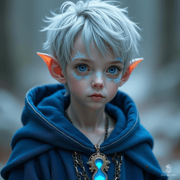 Vollaron is a frail high-elf with sharp, masculine features and tousled silver-gray hair. His piercing blue eyes glow with arcane energy, complemented by delicate glowing marks beneath them. Dressed in elegant deep blue and silver robes, he embodies the essence of chronomancy, exuding an ethereal, mysterious power.