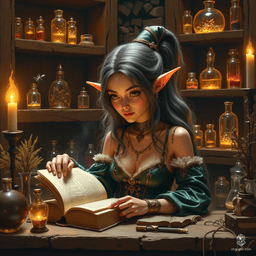 Maryam, the Apothecary Witch, is a graceful, tan-skinned elf imbued with wisdom and curiosity. With her shoulder-length, tea-colored hair streaked with grey and rimless spectacles, she embodies discerning care. Surrounded by potions and herb jars, she delves deep into her mystical tome, her spectral spider familiar hovering nearby.
