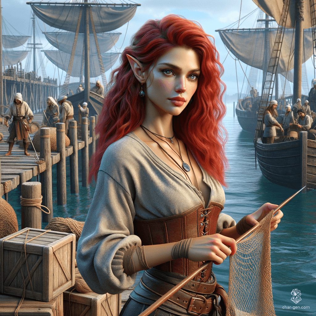 Eilsara Autumnborn is a 6'2" tan-skinned Wood Elf monk, embodying grace and wisdom. At 18, her bold cherry-red hair and piercing green eyes reflect her vibrant spirit. A folk hero wielding a quarterstaff, she believes deeply in destiny, treating all with dignity while skillfully mending fishing nets.