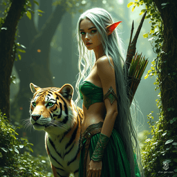 Sylara, a stunning elf ranger, embodies the essence of the forest with her long, silver hair and piercing emerald eyes. Clad in intricately designed leather armor, she wields a finely crafted longbow, accompanied by her fierce saber-tooth tiger, Fang. Together, they protect their lush home with fierce grace and unwavering loyalty.