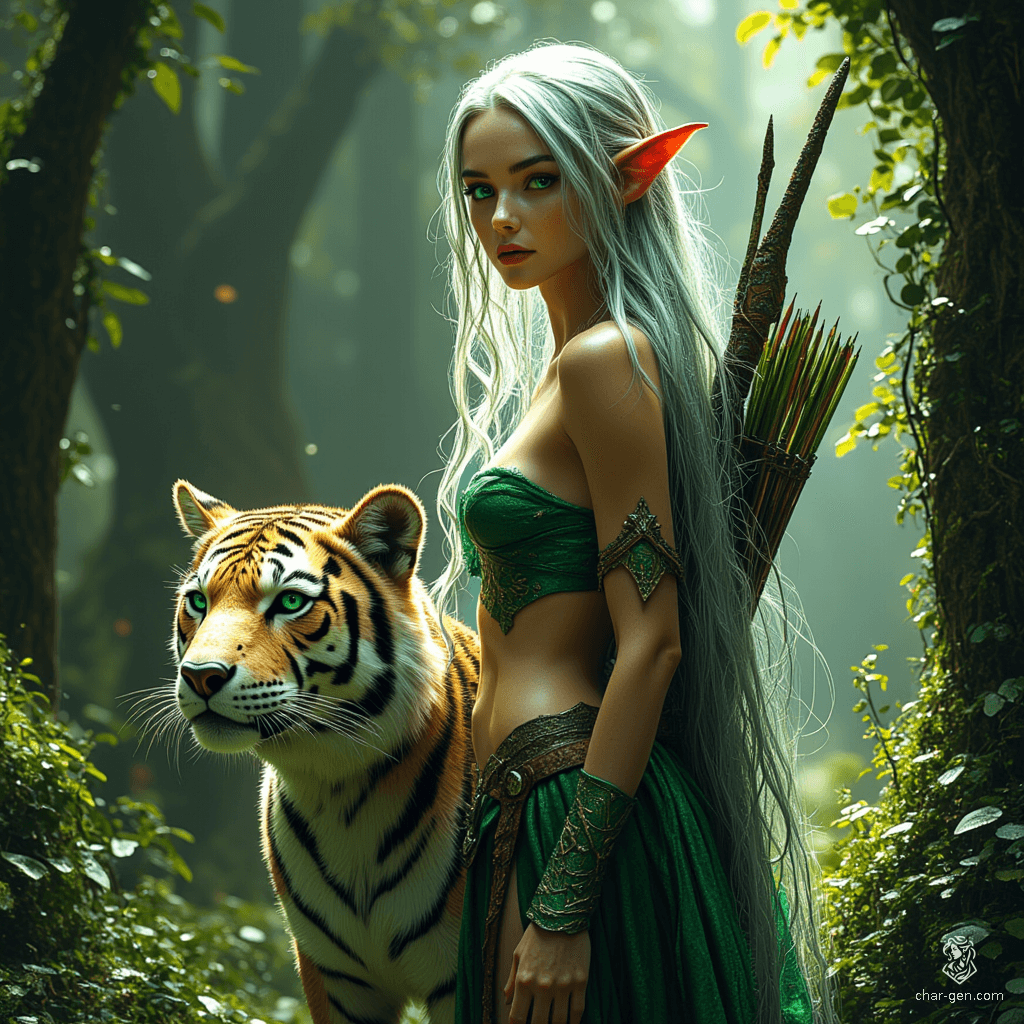 Sylara, a stunning elf ranger, embodies the essence of the forest with her long, silver hair and piercing emerald eyes. Clad in intricately designed leather armor, she wields a finely crafted longbow, accompanied by her fierce saber-tooth tiger, Fang. Together, they protect their lush home with fierce grace and unwavering loyalty.