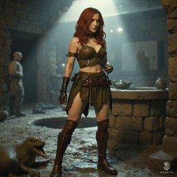 Izzy, a newly emancipated halfling assassin, is a captivating blend of danger and charm. Her athletic frame is adorned with subtle, shimmering green scales, and her striking yellow-green eyes reveal her predatory nature. Clad in fitted leather armor, she embodies stealth and competence as she prepares for her next hunt, her mischievous smile hinting at the thrill beneath her lethal exterior.