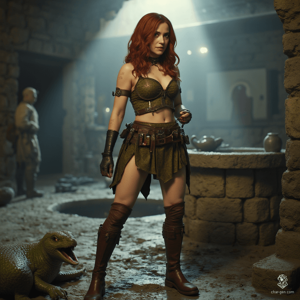 Izzy, a newly emancipated halfling assassin, is a captivating blend of danger and charm. Her athletic frame is adorned with subtle, shimmering green scales, and her striking yellow-green eyes reveal her predatory nature. Clad in fitted leather armor, she embodies stealth and competence as she prepares for her next hunt, her mischievous smile hinting at the thrill beneath her lethal exterior.