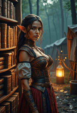 A captivating half-elf sorceress, she possesses olive skin, dark eyes, and flowing black hair. Clad in chic, corseted attire adorned with traditional Arab patterns, her aura sparkles with arcane magic. As a librarian among towering shelves, she safeguards ancient knowledge while weaving powerful spells.