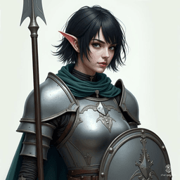 A formidable female shadar kai elf, she boasts short raven black hair and milky white skin, her coal-black eyes piercing through the darkness. Clad in gleaming silver full plate armor, she wields a spear and shield, embodying elegance and strength in battle.