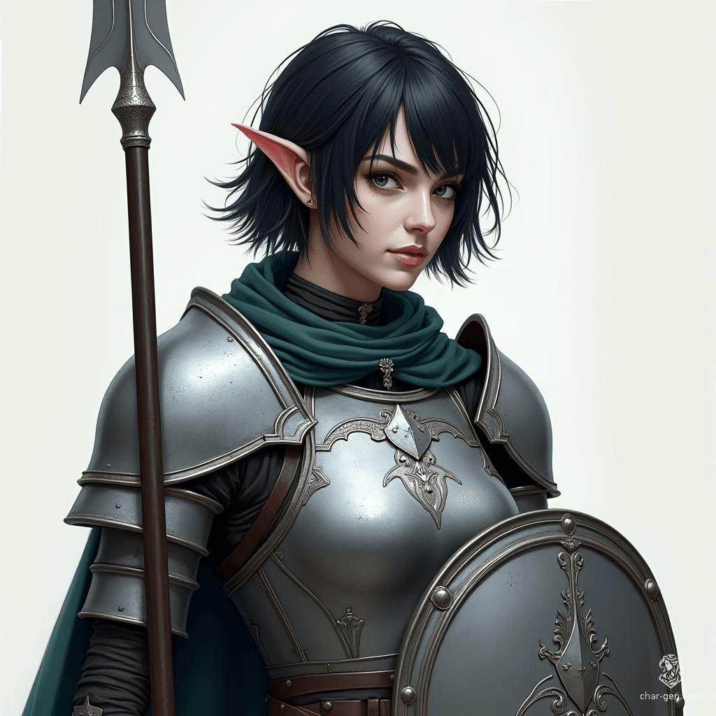 A formidable female shadar kai elf, she boasts short raven black hair and milky white skin, her coal-black eyes piercing through the darkness. Clad in gleaming silver full plate armor, she wields a spear and shield, embodying elegance and strength in battle.