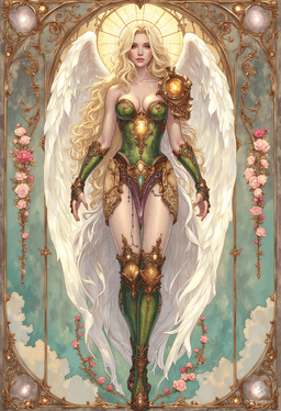 Sigarda, a breathtaking angelic figure, embodies grace and beauty. Dressed in ornate green and gold armor, her golden hair cascades like sunlight. With solid gold glowing eyes and intricate, flowing curves reminiscent of art nouveau, she floats serenely in a vibrant sky, surrounded by delicate floral motifs.