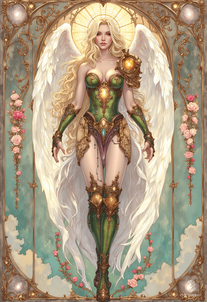 Sigarda, a breathtaking angelic figure, embodies grace and beauty. Dressed in ornate green and gold armor, her golden hair cascades like sunlight. With solid gold glowing eyes and intricate, flowing curves reminiscent of art nouveau, she floats serenely in a vibrant sky, surrounded by delicate floral motifs.